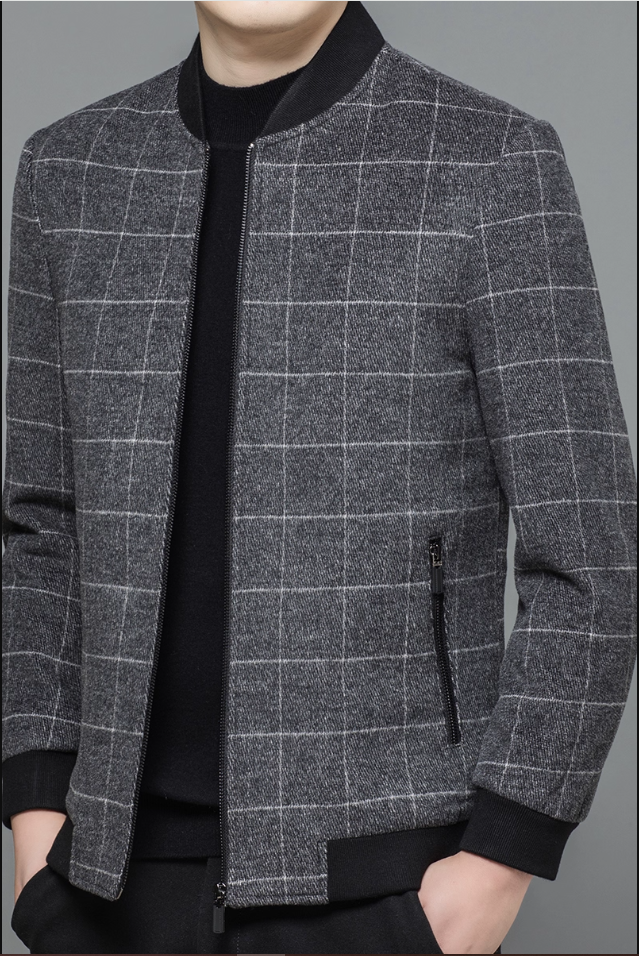 Fineryclothes Men's Plaid Bomber Jacket, Gray Windowpane Pattern, Zip Front with Ribbed Collar