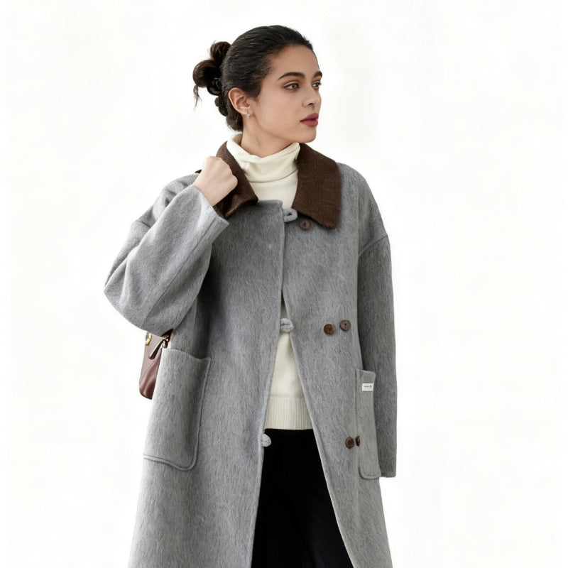 Fineryclothes Double-Faced Wool Wrap Coat, Mid-Calf Length, Shawl Collar, Long Sleeves, STYLE NO.002