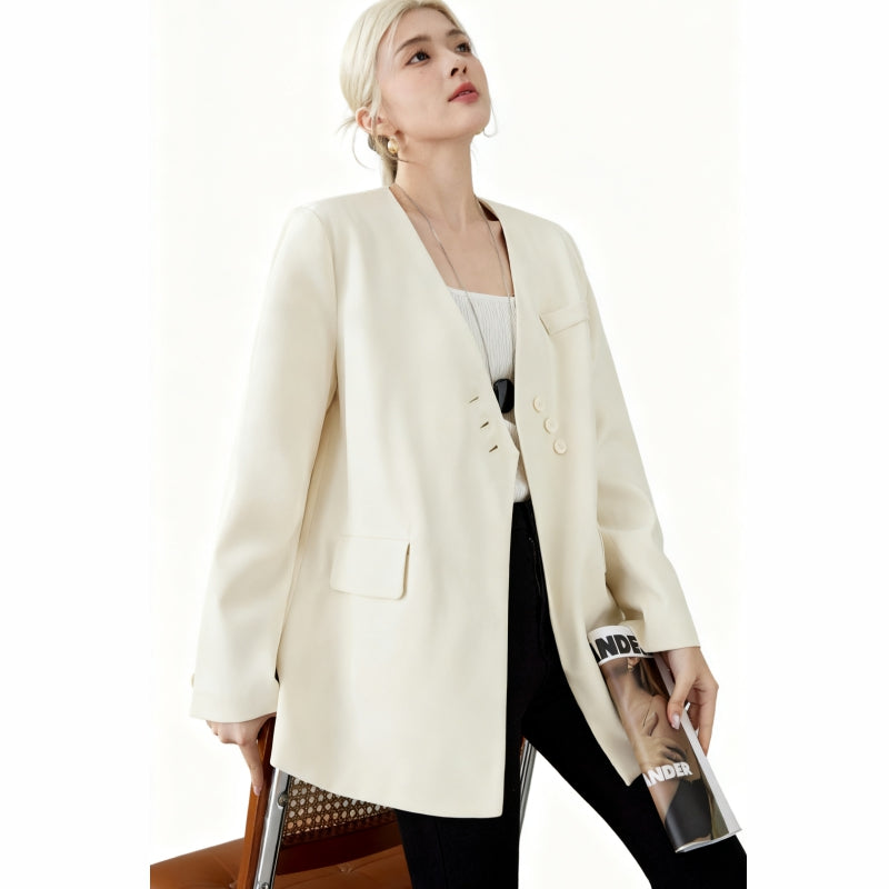 Fineryclothes Women's Elegant Long Blazer, Cream White, Double-Button Front, V-Neck