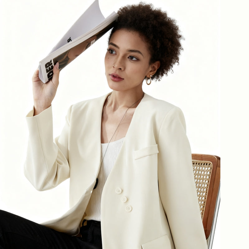 Fineryclothes Women's Elegant Long Blazer, Cream White, Double-Button Front, V-Neck