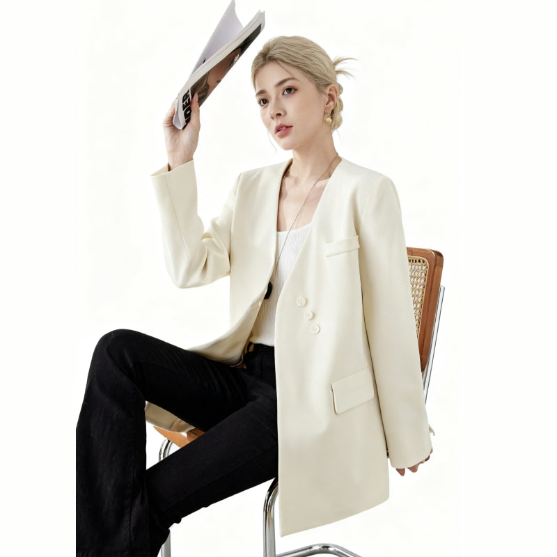 Fineryclothes Women's Elegant Long Blazer, Cream White, Double-Button Front, V-Neck