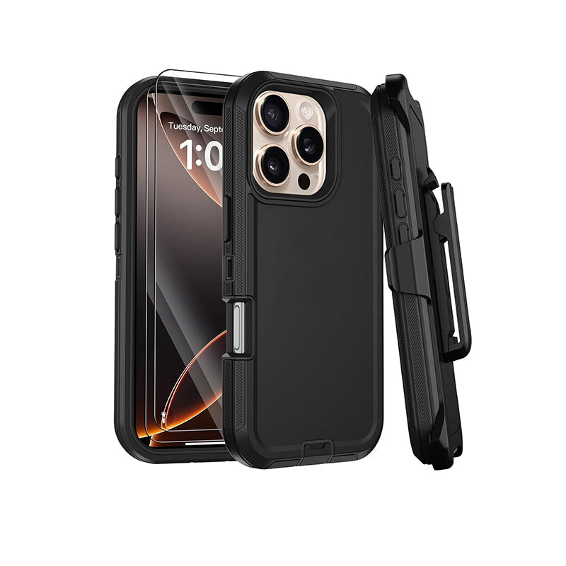 Styqeen Defender Armor Case for iPhone 16 E with Belt Clip Holster Black