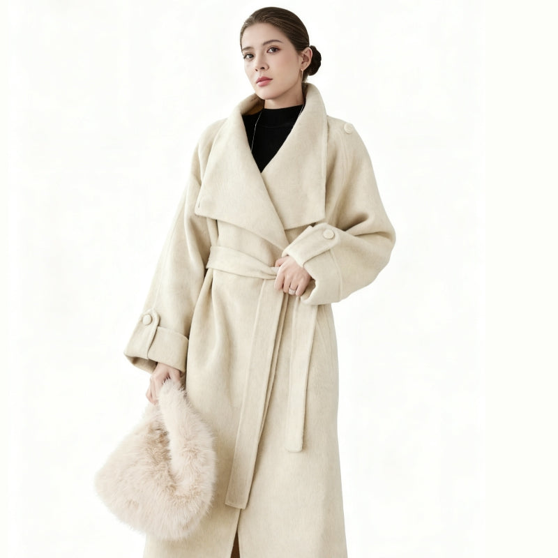 Fineryclothes Double-Faced Wool Wrap Coat, Mid-Calf Length, Shawl Collar, Long Sleeves, STYLE NO.004
