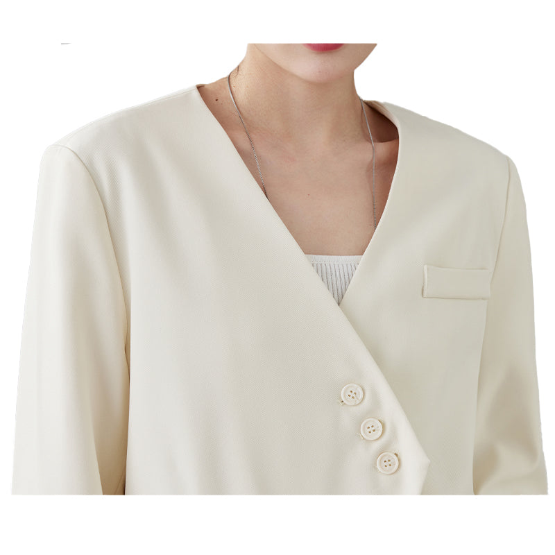 Fineryclothes Women's Elegant Long Blazer, Cream White, Double-Button Front, V-Neck