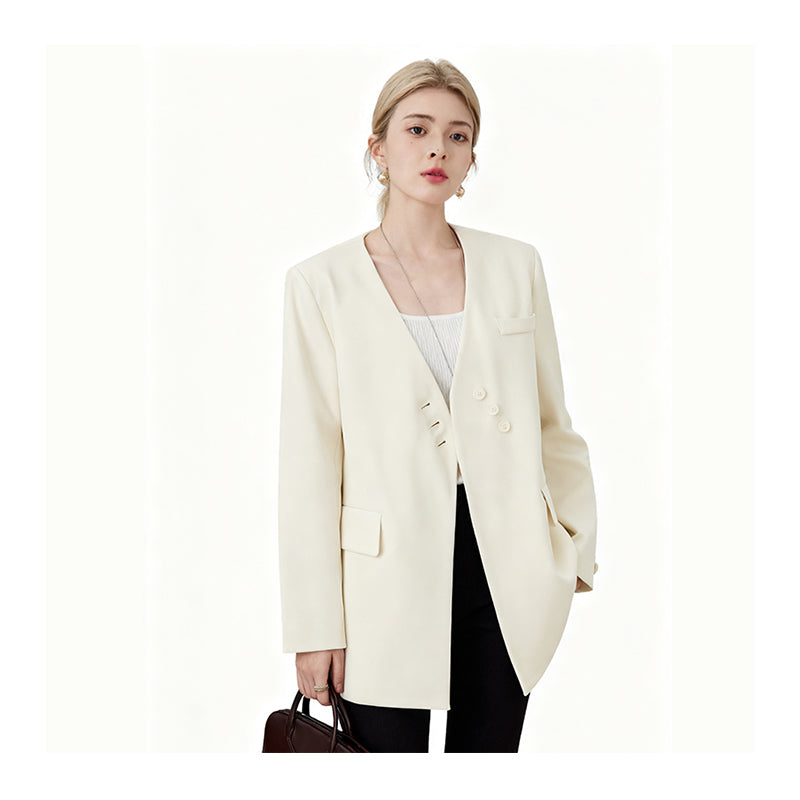 Fineryclothes Women's Elegant Long Blazer, Cream White, Double-Button Front, V-Neck