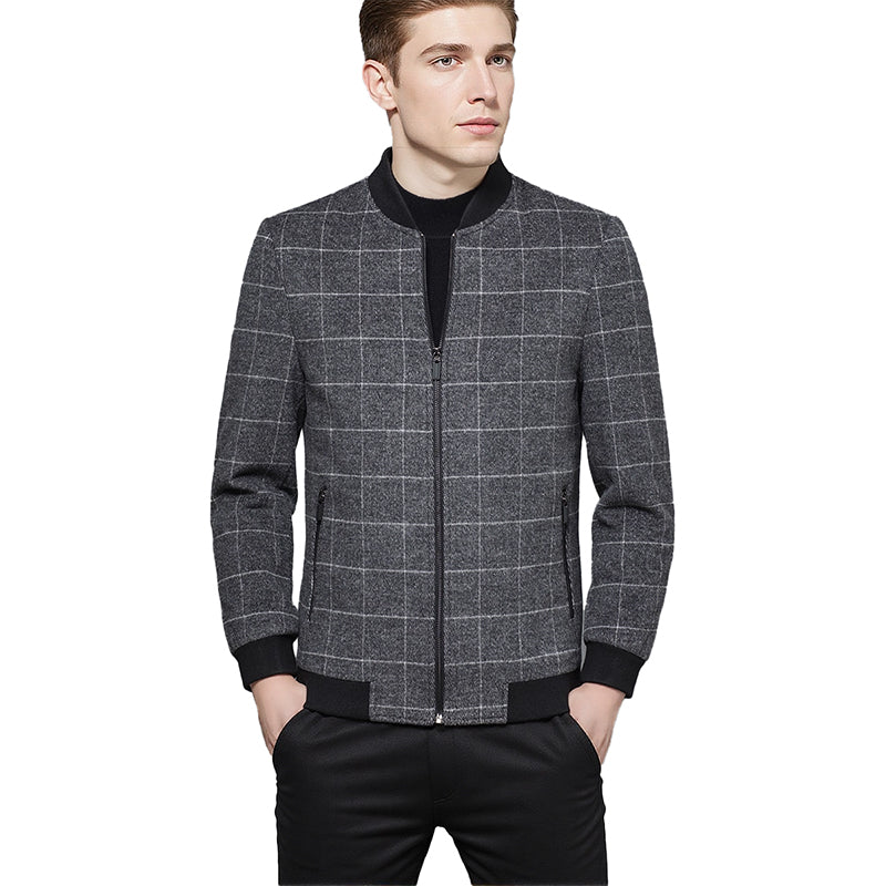 Fineryclothes Men's Plaid Bomber Jacket, Gray Windowpane Pattern, Zip Front with Ribbed Collar