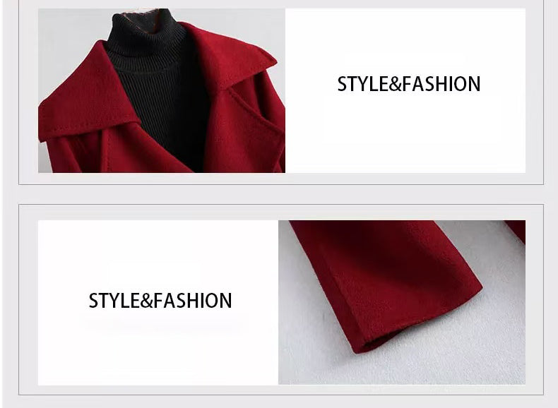 Fineryclothes women's Elegant Long Wool Coat, Red Winter Overcoat with Wide Lapel Collar, Mid-Length
