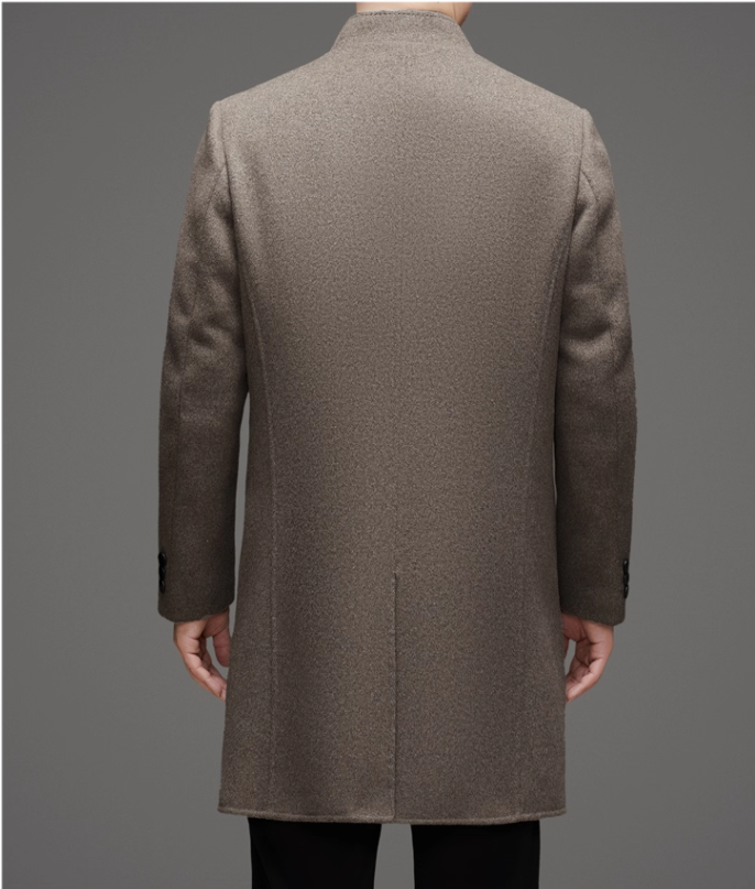 Fineryclothes Men's Wool Blend Stand Collar Overcoat, Classic Long Winter Coat, Khaki Gray, 3-Button Front