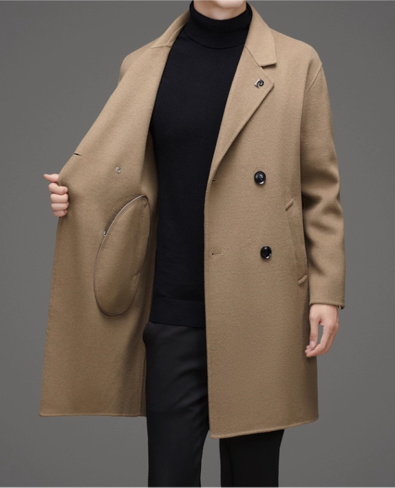 Fineryclothes Men's Double-Breasted Wool Blend Overcoat, Brown, Mid-Length Winter Coat with Notched Lapel