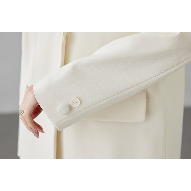 Fineryclothes Women's Elegant Long Blazer, Cream White, Double-Button Front, V-Neck
