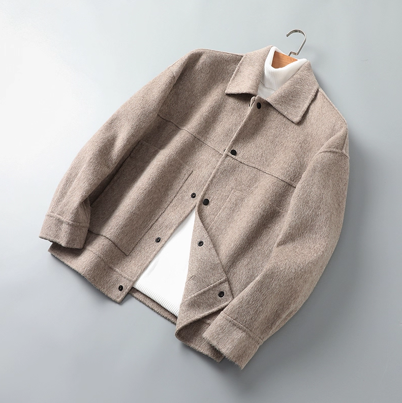 Fineryclothes Men's Wool Blend Jacket with Leather Collar, Gray, Full-Zip Winter Coat with Button Cuffs