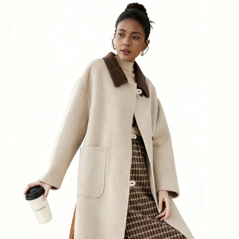 Fineryclothes Double-Faced Wool Wrap Coat, Mid-Calf Length, Shawl Collar, Long Sleeves, STYLE NO.002