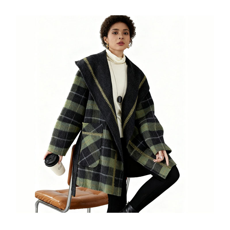 Fineryclothes Plaid Double-Faced Wool Shawl-Collar Wrap Coat STYLE NO.007