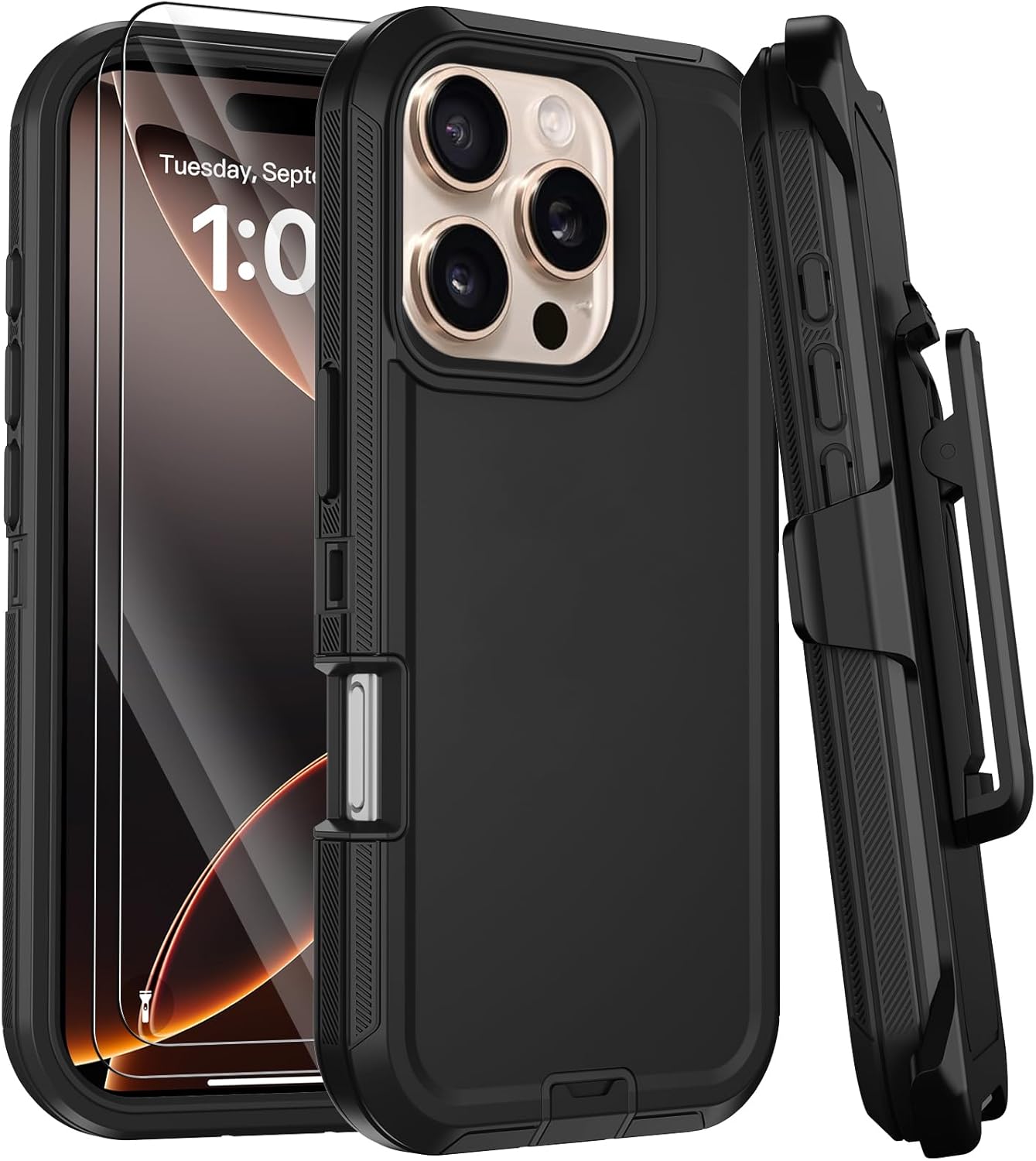 Styqeen Defender Armor Case for iPhone 16 Plus with Belt Clip Holster Black and scalble Charging Cable