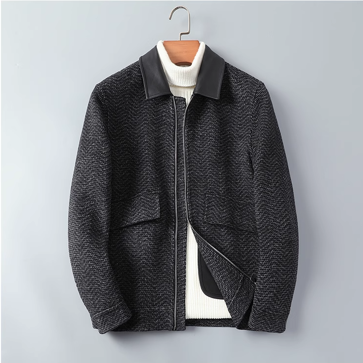Fineryclothes Men's Wool Blend Jacket with Leather Collar, Full Zip Front