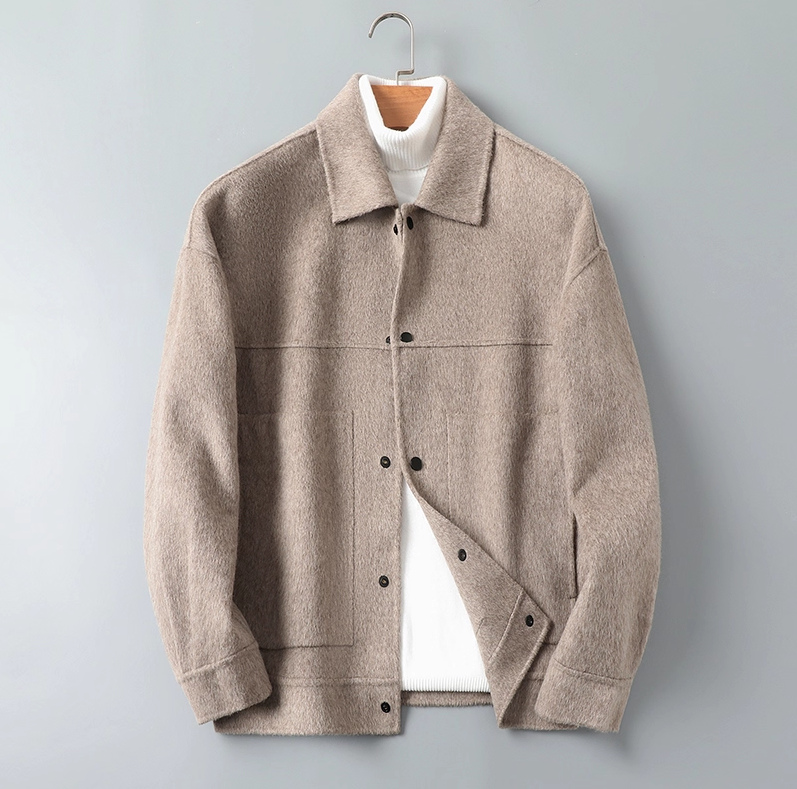 Fineryclothes Men's Wool Blend Jacket with Leather Collar, Gray, Full-Zip Winter Coat with Button Cuffs