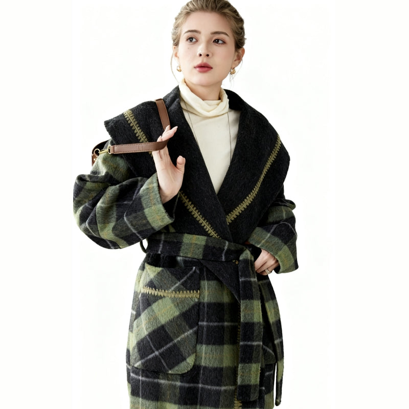 Fineryclothes Plaid Double-Faced Wool Shawl-Collar Wrap Coat STYLE NO.007