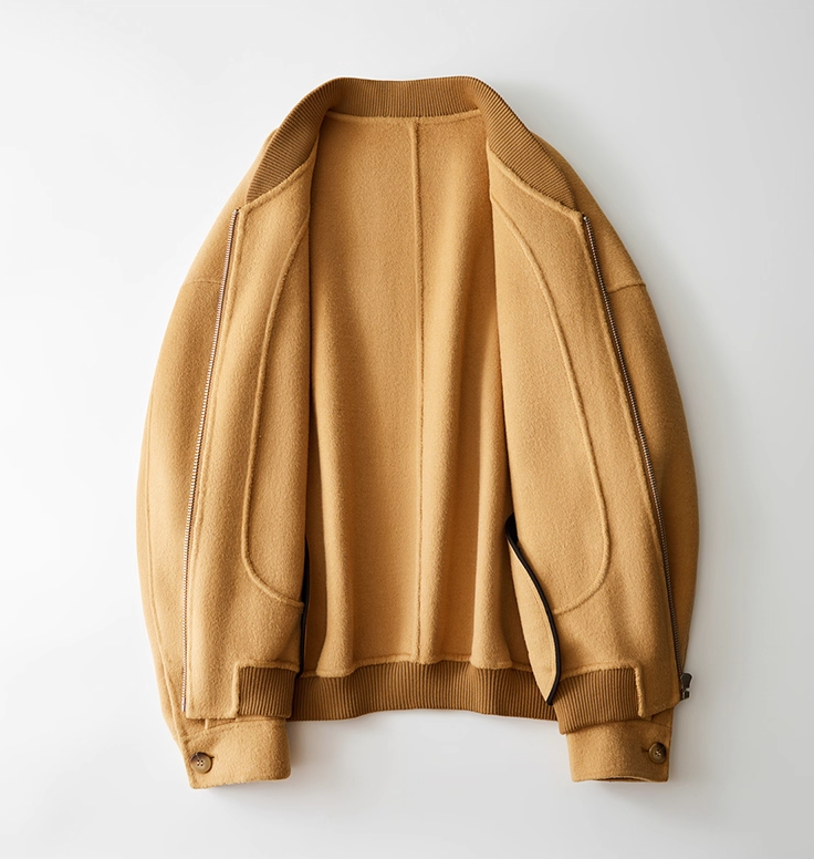 Fineryclothes Classic Bomber Jacket, Camel Wool Blend, Ribbed Collar and Cuffs, Front Zip Closure