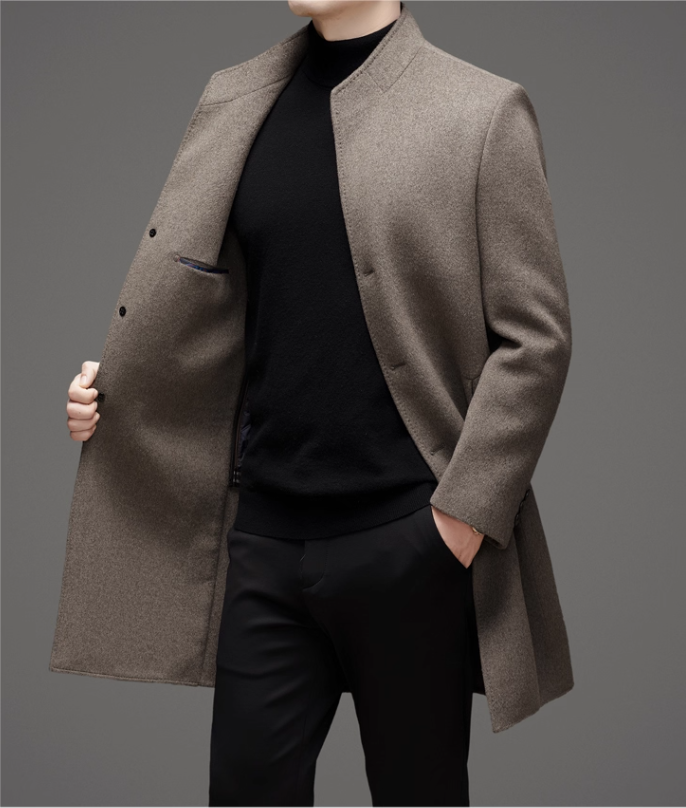 Fineryclothes Men's Wool Blend Stand Collar Overcoat, Classic Long Winter Coat, Khaki Gray, 3-Button Front