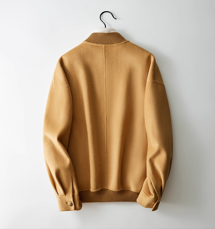 Fineryclothes Classic Bomber Jacket, Camel Wool Blend, Ribbed Collar and Cuffs, Front Zip Closure