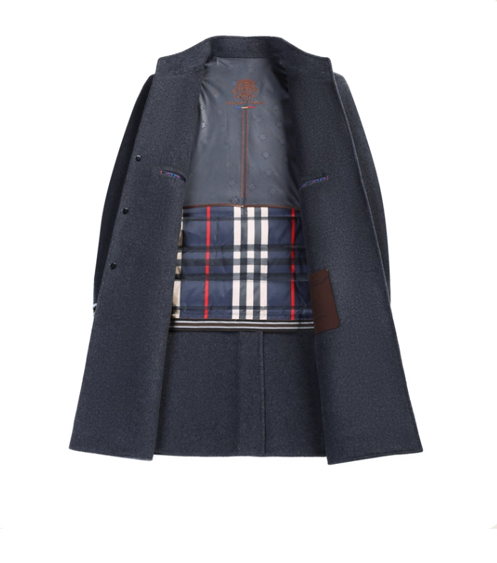 Fineryclothes Men's Wool Blend Stand Collar Overcoat, Classic Long Winter Coat, Khaki Gray, 3-Button Front