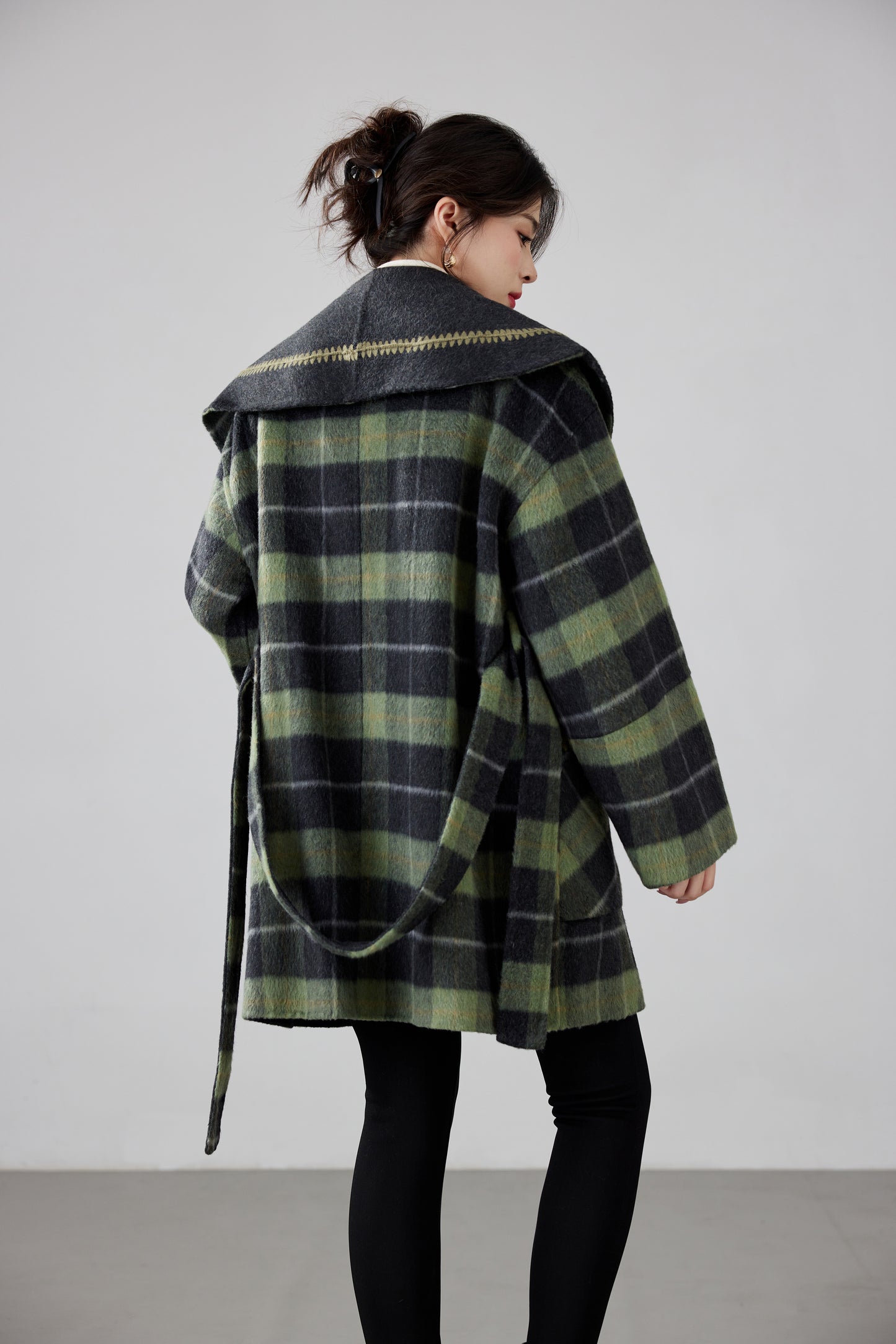 Fineryclothes Plaid Double-Faced Wool Shawl-Collar Wrap Coat STYLE NO.007