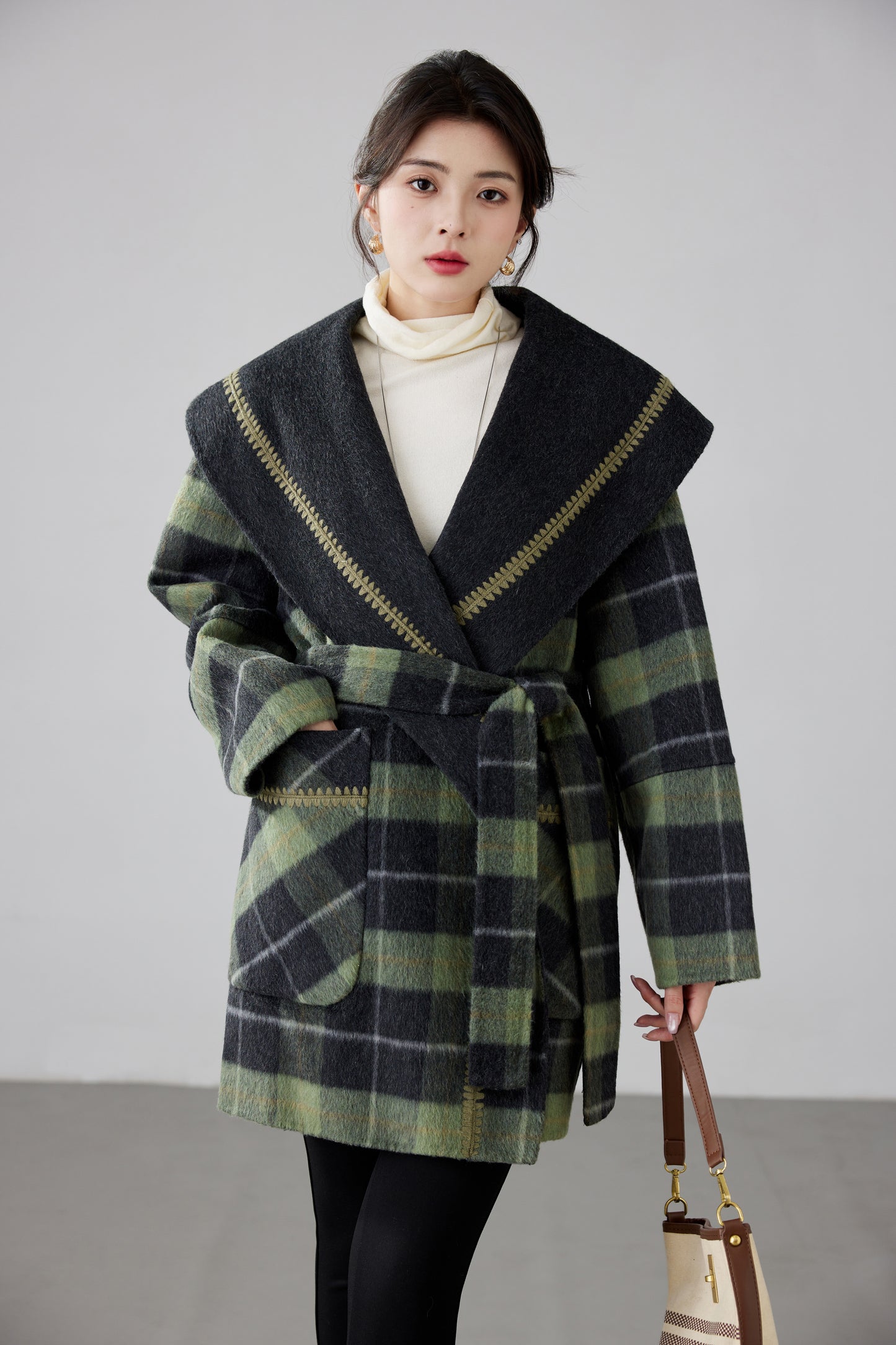 Fineryclothes Plaid Double-Faced Wool Shawl-Collar Wrap Coat STYLE NO.007