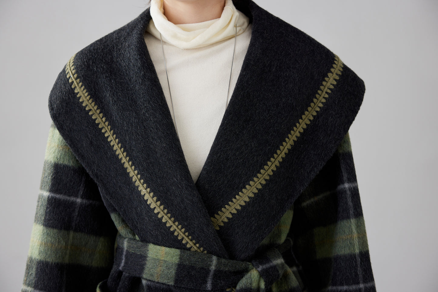 Fineryclothes Plaid Double-Faced Wool Shawl-Collar Wrap Coat STYLE NO.007
