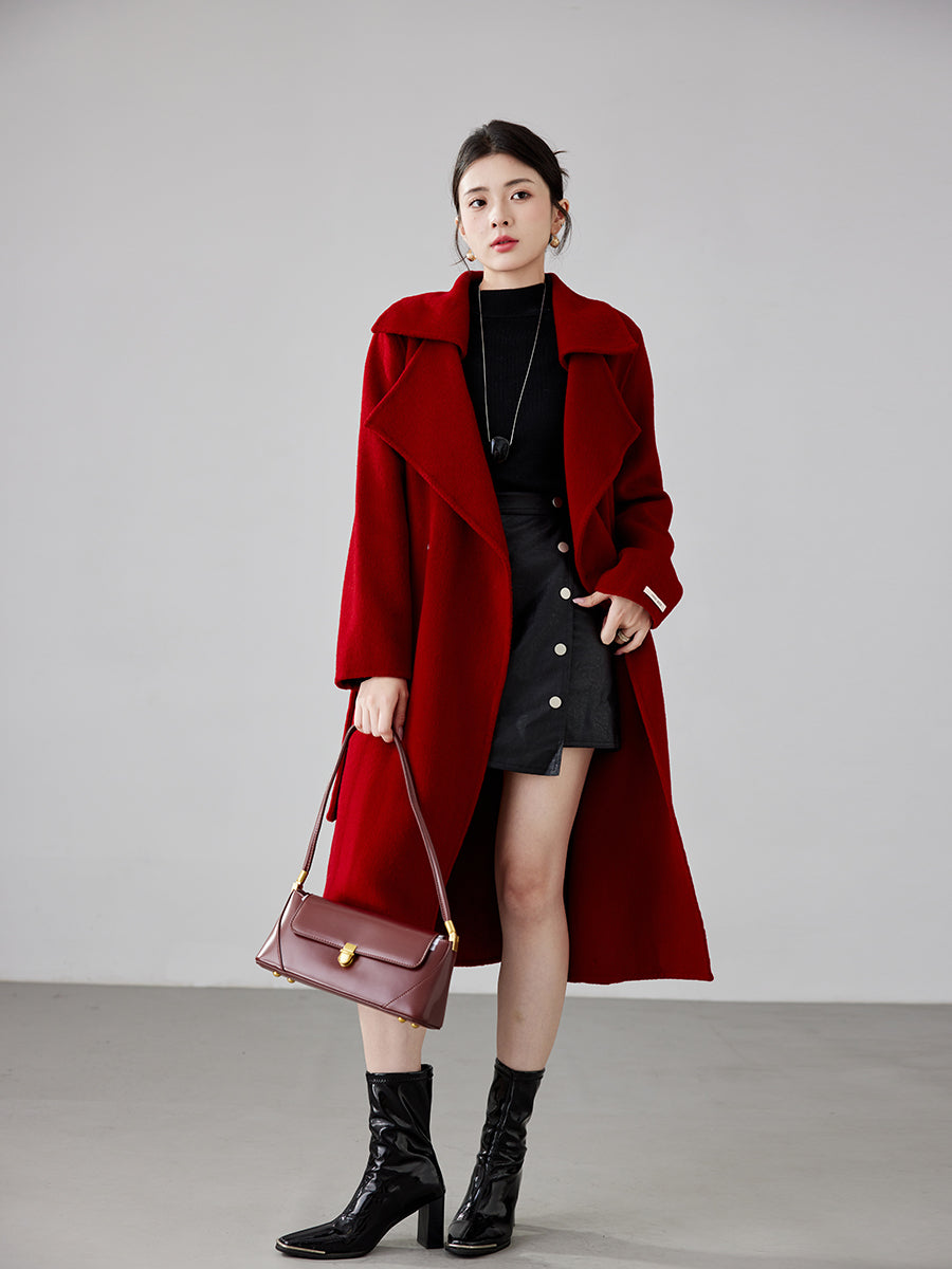 Fineryclothes women's Elegant Long Wool Coat, Red Winter Overcoat with Wide Lapel Collar, Mid-Length