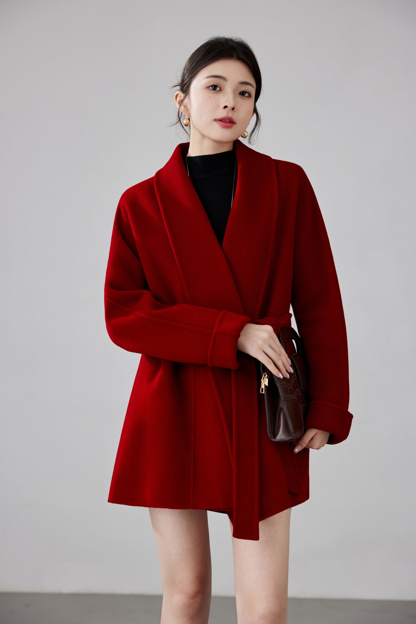 Fineryclothes Double-Faced Wool Shawl-Collar Wrap Coat, STYLE NO.008