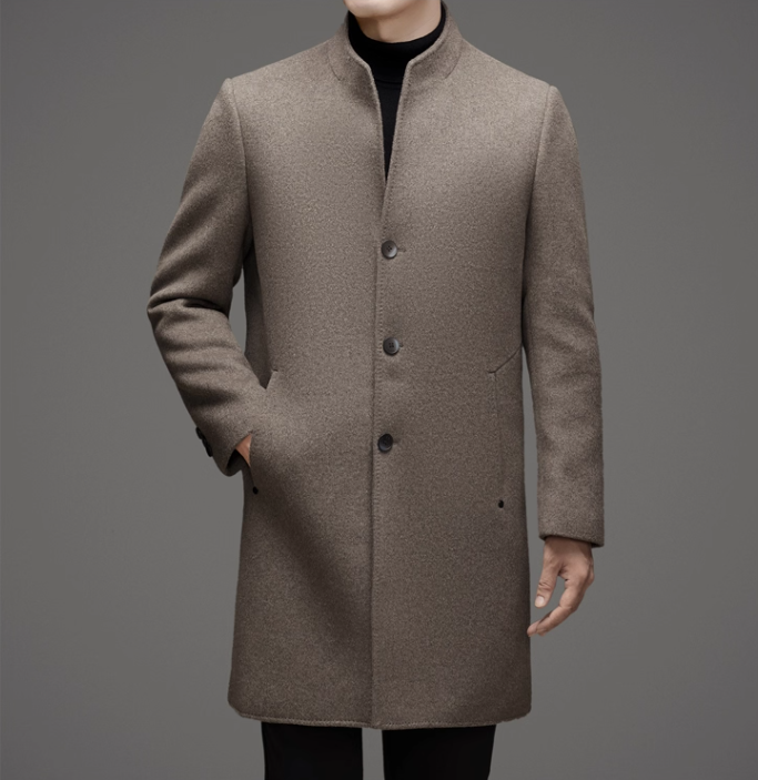 Fineryclothes Men's Wool Blend Stand Collar Overcoat, Classic Long Winter Coat, Khaki Gray, 3-Button Front