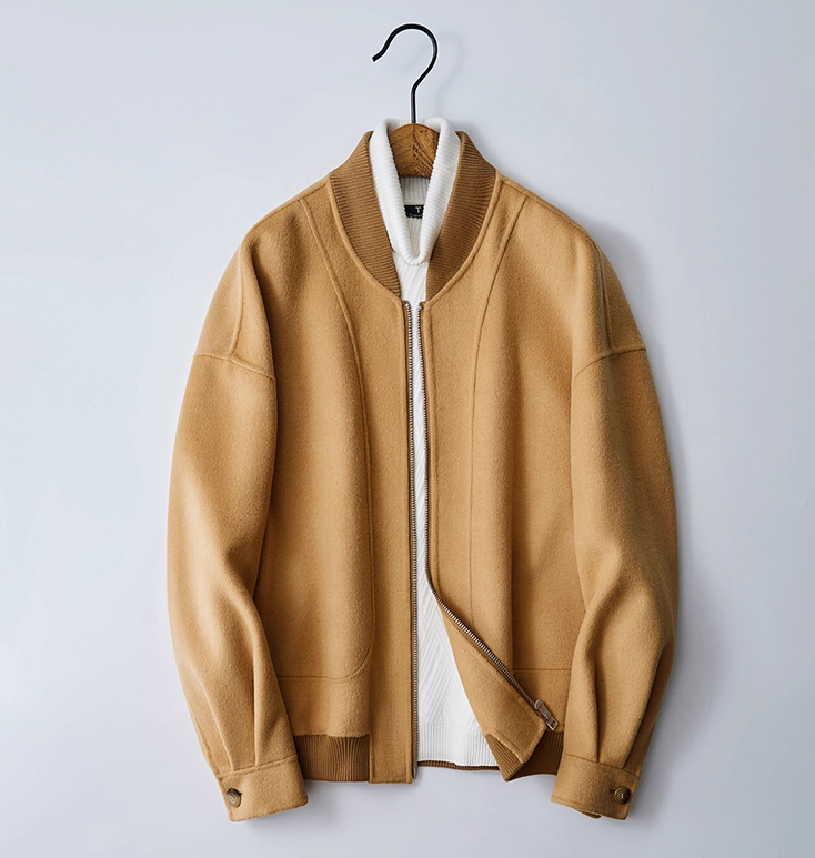 Fineryclothes Classic Bomber Jacket, Camel Wool Blend, Ribbed Collar and Cuffs, Front Zip Closure