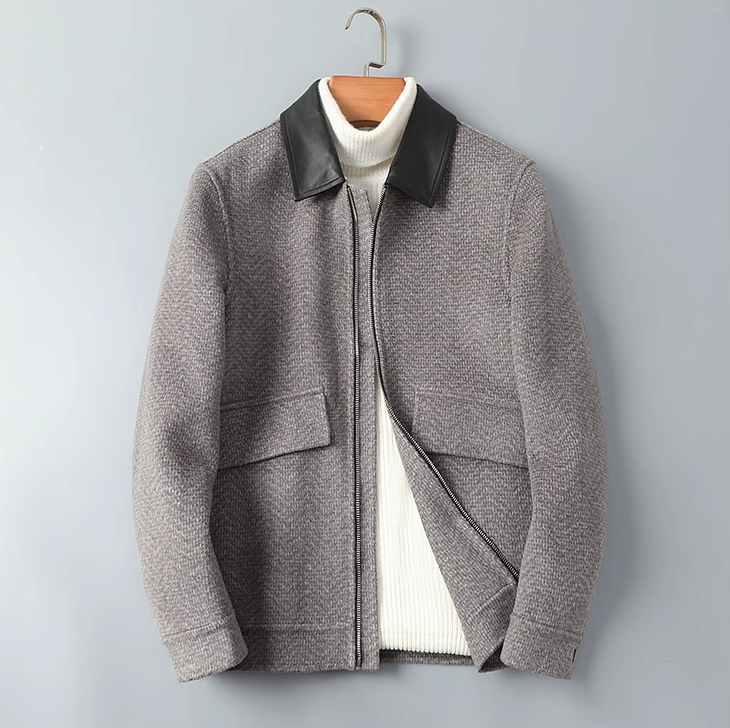 Fineryclothes Men's Wool Blend Jacket with Leather Collar, Full Zip Front