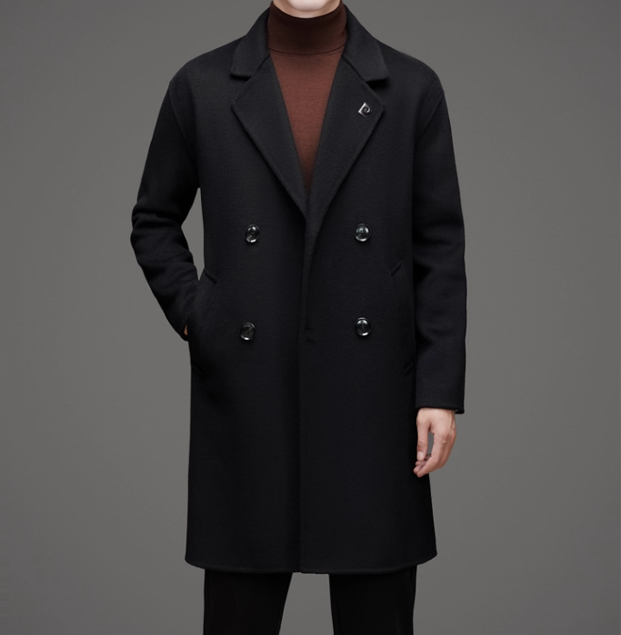 Fineryclothes Men's Double-Breasted Wool Blend Overcoat, Brown, Mid-Length Winter Coat with Notched Lapel