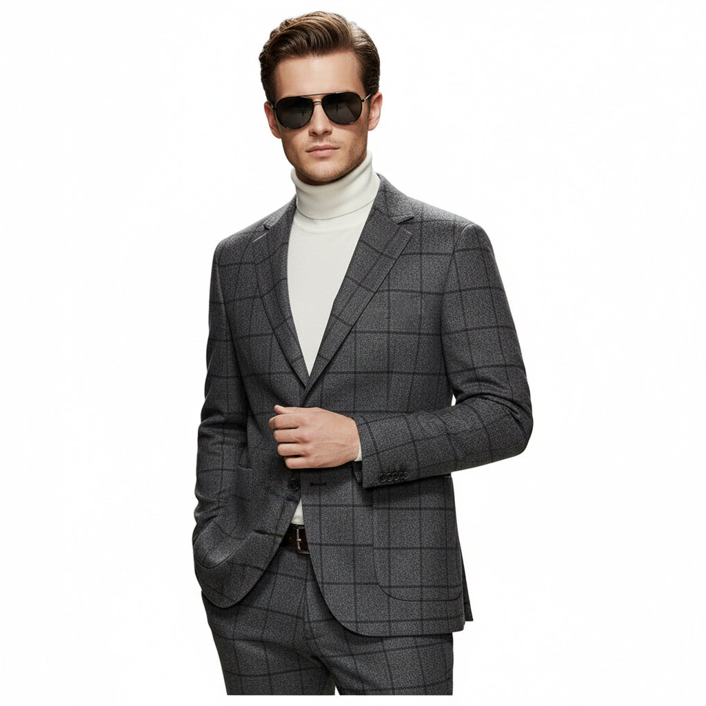 Fineryclothes Men's Wool Blend Plaid Blazer, Gray Checkered Pattern, 2-Button Classic Fit