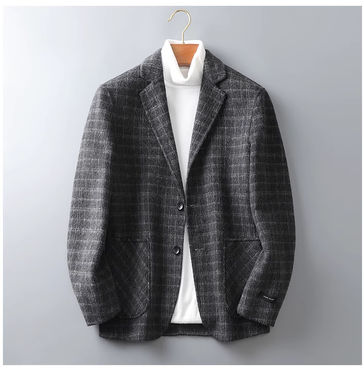 Fineryclothes Men's Wool Blend Plaid Blazer, Gray Checkered Pattern, 2-Button Classic Fit