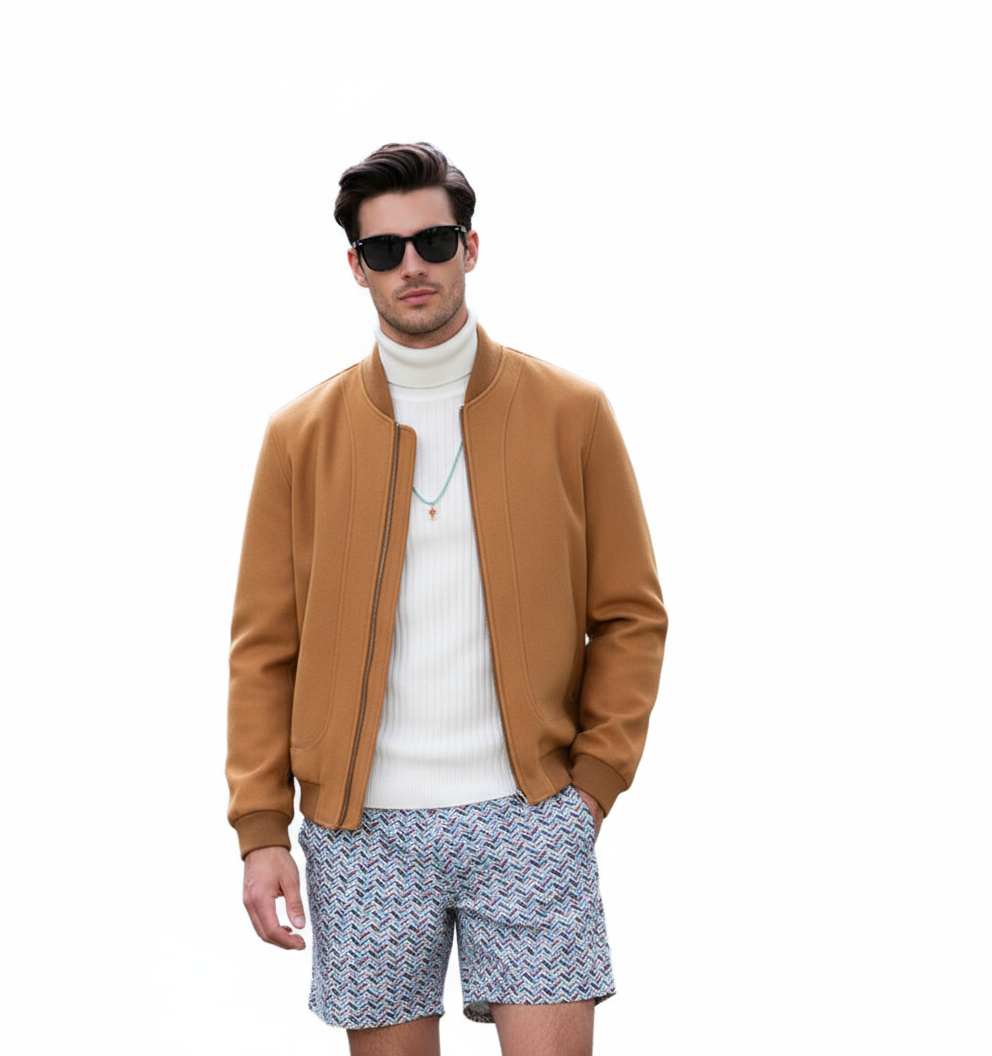 Fineryclothes Classic Bomber Jacket, Camel Wool Blend, Ribbed Collar and Cuffs, Front Zip Closure