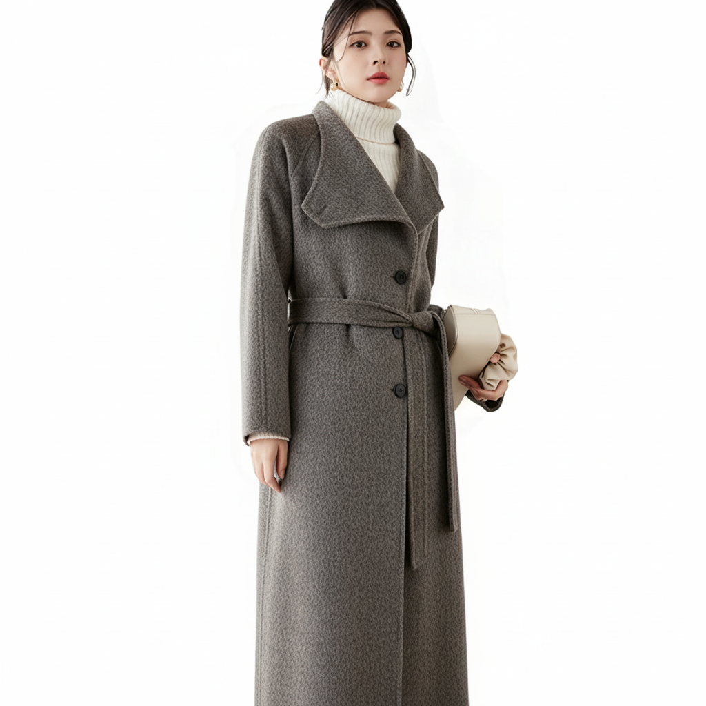 Fineryclothes Double-Faced Wool Wrap Coat, Mid-Calf Length, Shawl Collar, Long Sleeves, STYLE NO.004