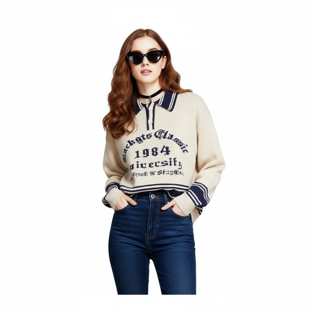 Fineryclothes Vintage University Style Knit Sweater, 1984 Graphic Design, Burgundy and White Striped Collar, Collegiate Pullover