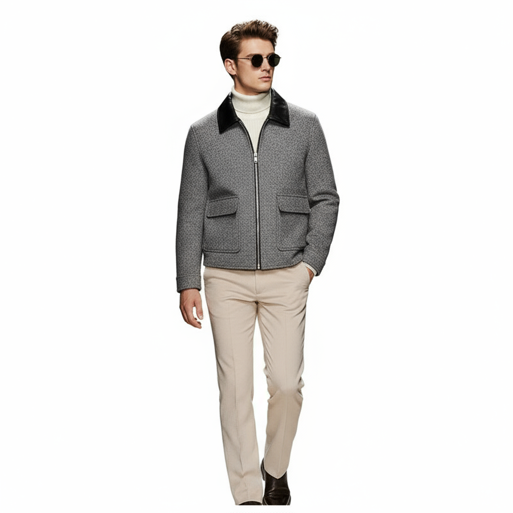 Fineryclothes Men's Wool Blend Jacket with Leather Collar, Full Zip Front