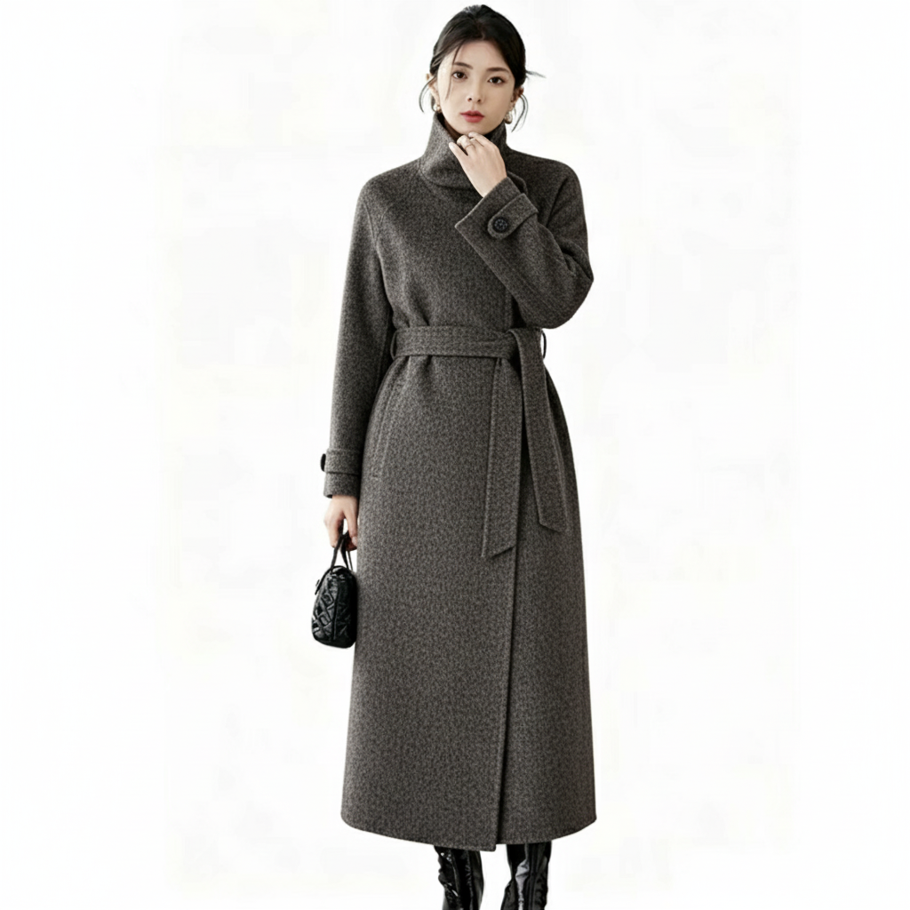 Fineryclothes Double-Faced Wool Wrap Coat, Mid-Calf Length, Shawl Collar, Long Sleeves,STYLE NO.001