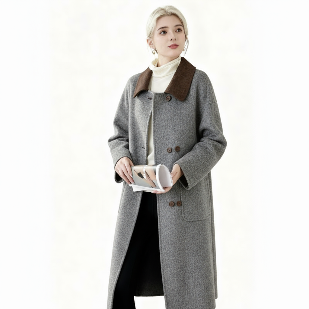 Fineryclothes Double-Faced Wool Wrap Coat, Mid-Calf Length, Shawl Collar, Long Sleeves, STYLE NO.002