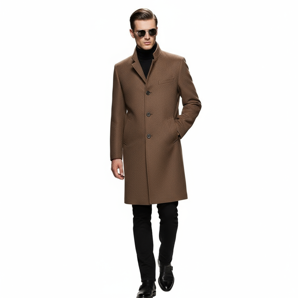 Fineryclothes Men's Wool Blend Stand Collar Overcoat, Classic Long Winter Coat, Khaki Gray, 3-Button Front