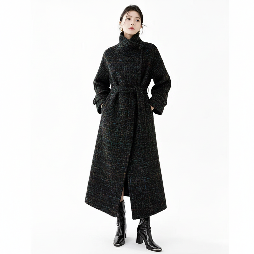 Fineryclothes Double-Faced Wool Wrap Coat, Mid-Calf Length, Shawl Collar, Long Sleeves,STYLE NO.001