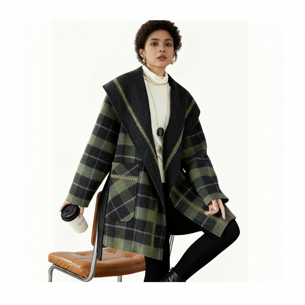 Fineryclothes Plaid Double-Faced Wool Shawl-Collar Wrap Coat STYLE NO.007