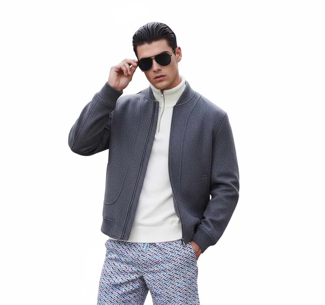 Fineryclothes Classic Bomber Jacket, Camel Wool Blend, Ribbed Collar and Cuffs, Front Zip Closure