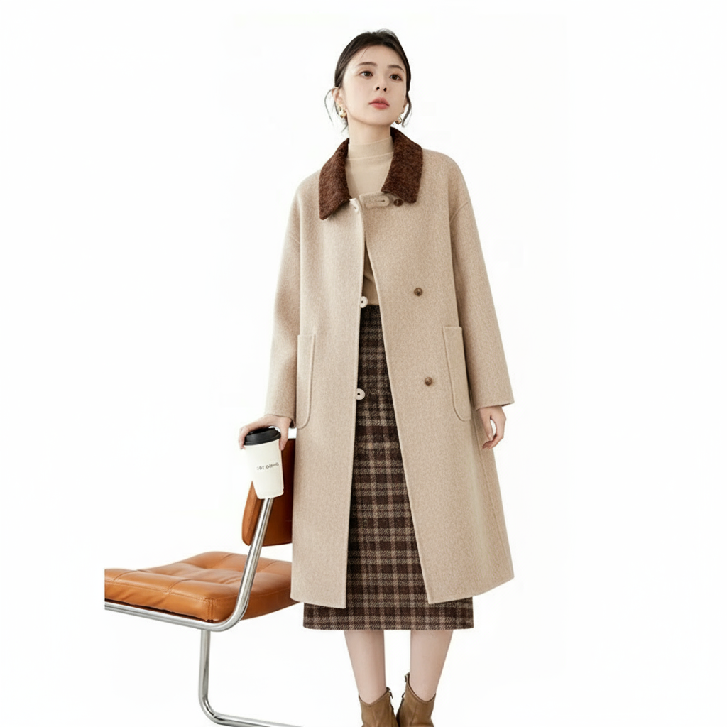 Fineryclothes Double-Faced Wool Wrap Coat, Mid-Calf Length, Shawl Collar, Long Sleeves, STYLE NO.002