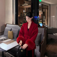Women's red double-sided cashmere coat, new style for autumn and winter, with a noble lady temperament, fox fur cuffs, short coat for brides' wedding