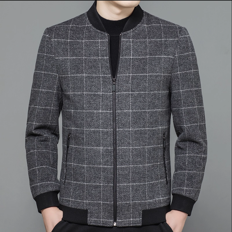 Men's Zip Front Bomber Jacket - Gray Windowpane Plaid with Ribbed Collar