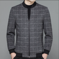 Men's Zip Front Bomber Jacket - Gray Windowpane Plaid with Ribbed Collar